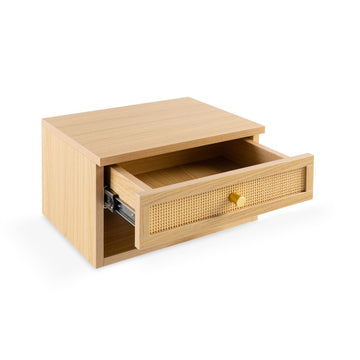Celerie 15.71" Mid-Century Modern Floating Wall Mounted Nightstand with Soft-Close Rattan Drawer and Cable Hole - JONATHAN Y
